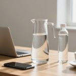 A wooden table with a laptop, a smartphone, a glass pitcher of water, a water bottle, and a cup of coffee near a bright window.