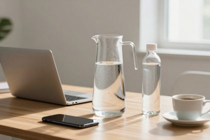 A wooden table with a laptop, a smartphone, a glass pitcher of water, a water bottle, and a cup of coffee near a bright window.