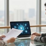 Two people in business attire sit at a glass table with a laptop displaying a digital network diagram. One person holds papers.