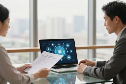 Two people in business attire sit at a glass table with a laptop displaying a digital network diagram. One person holds papers.