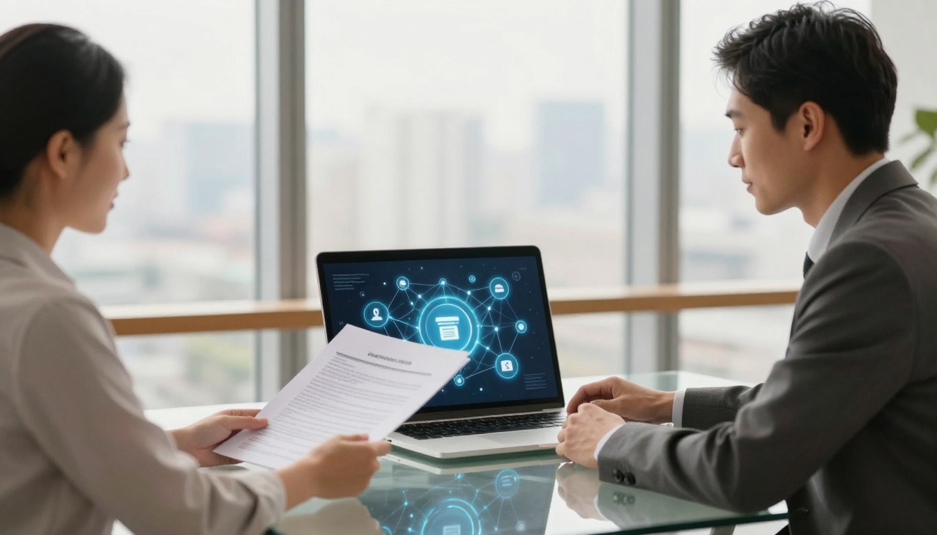 Two people in business attire sit at a glass table with a laptop displaying a digital network diagram. One person holds papers.