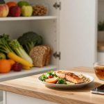 A kitchen scene with a plate of salmon, salad, and grains on a wooden counter. A glass of tea and a smartphone are nearby. In the background, a shelf displays fruits, vegetables, nuts, and bread.