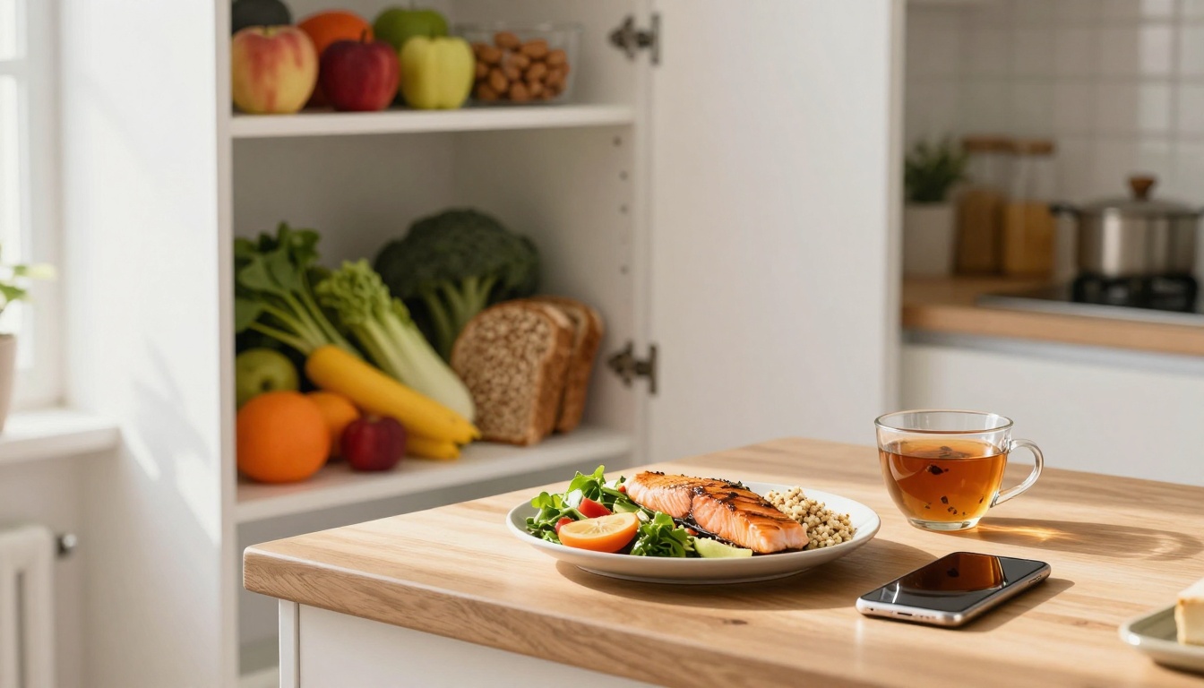 A kitchen scene with a plate of salmon, salad, and grains on a wooden counter. A glass of tea and a smartphone are nearby. In the background, a shelf displays fruits, vegetables, nuts, and bread.