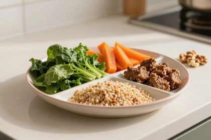 A divided plate on a kitchen counter holds leafy greens, carrot sticks, sesame-coated snacks, and puffed grains. Walnuts are nearby.