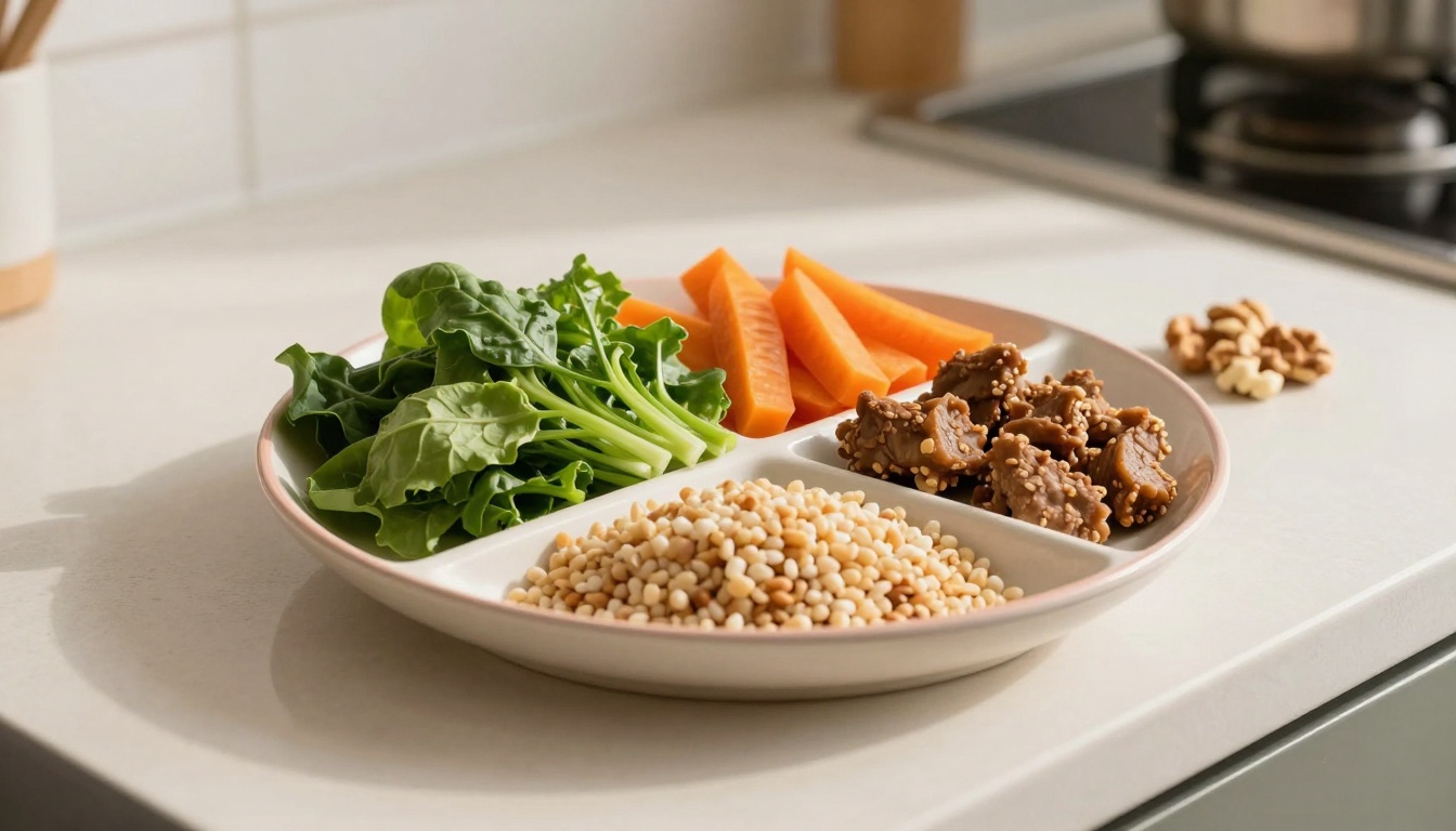 A divided plate on a kitchen counter holds leafy greens, carrot sticks, sesame-coated snacks, and puffed grains. Walnuts are nearby.