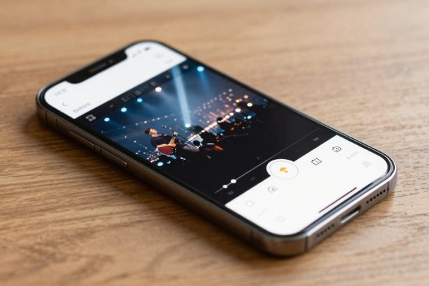 A smartphone displaying a video editing app on its screen, showing a musician performing on stage under bright lights, placed on a wooden surface.