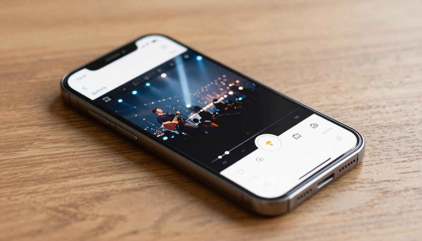 A smartphone displaying a video editing app on its screen, showing a musician performing on stage under bright lights, placed on a wooden surface.
