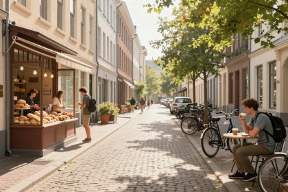 A cobblestone street with a small bakery on the left, where a person is selling bread to two customers. Another person sits at a table with a coffee, flanked by bicycles. Trees line the street, casting dappled shadows.