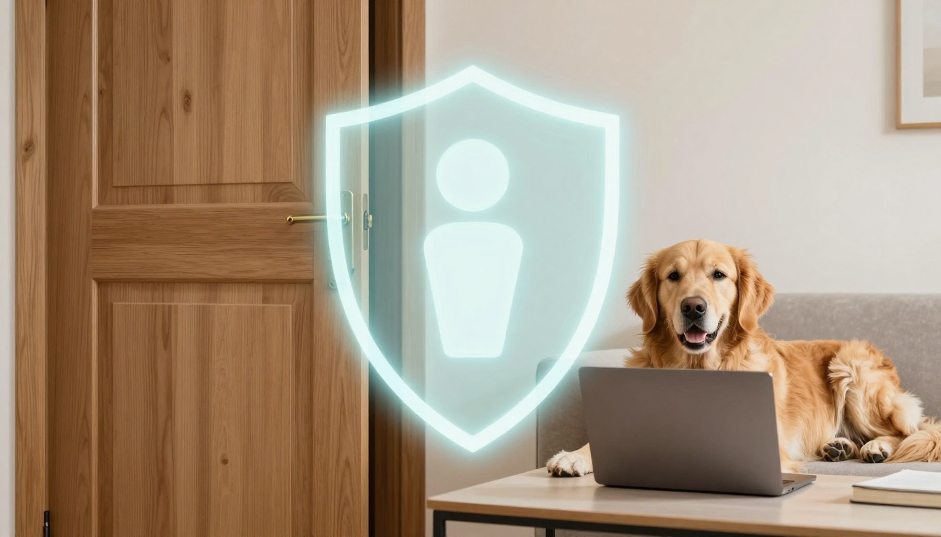 A golden retriever sits on a couch next to a laptop in a room with a wooden door. A glowing shield icon with a person symbol is in the foreground.