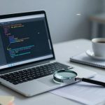 A laptop displaying colorful programming code sits on a white desk. Beside it are a magnifying glass, a notebook, and a cup of coffee.