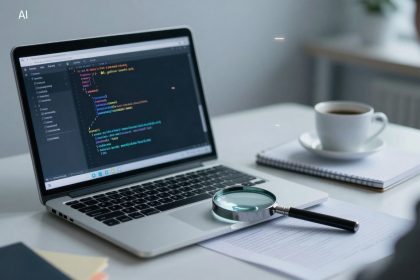A laptop displaying colorful programming code sits on a white desk. Beside it are a magnifying glass, a notebook, and a cup of coffee.