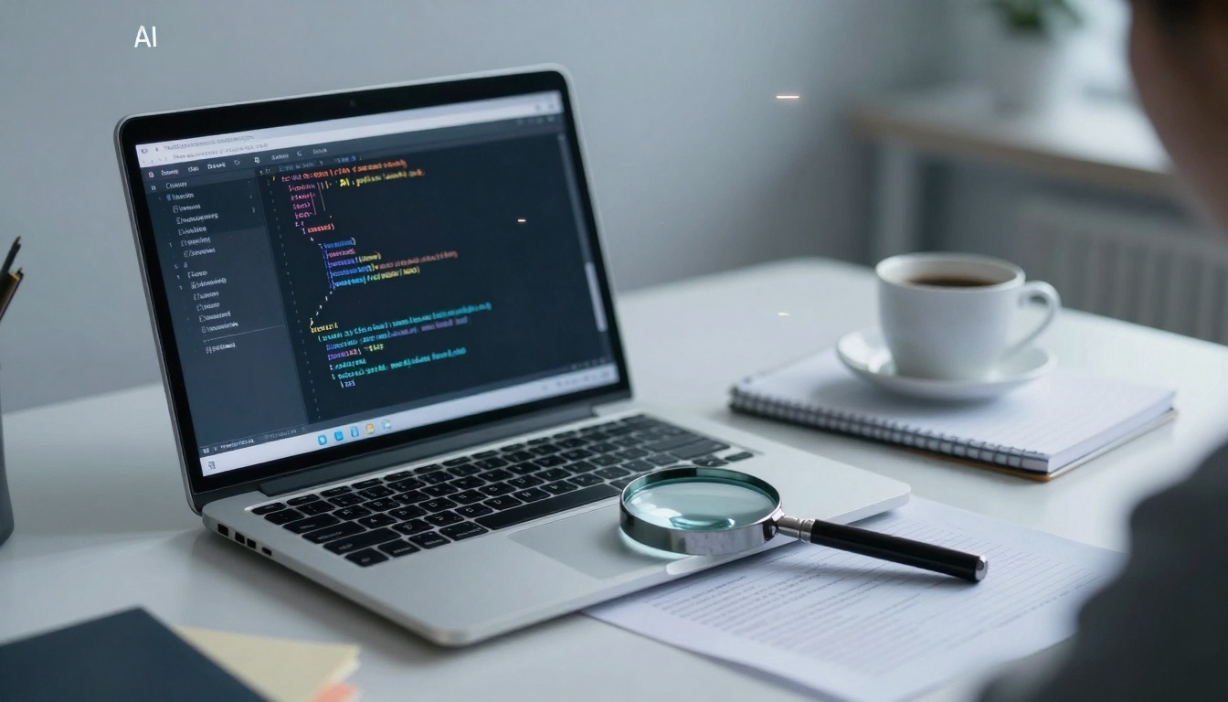A laptop displaying colorful programming code sits on a white desk. Beside it are a magnifying glass, a notebook, and a cup of coffee.