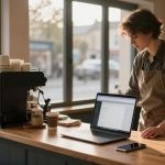A person wearing an apron stands behind a counter with a laptop, smartphone, and espresso machine. Sunlight streams through large windows.