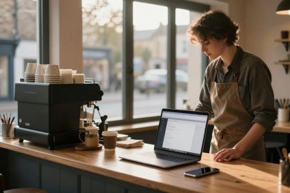 A person wearing an apron stands behind a counter with a laptop, smartphone, and espresso machine. Sunlight streams through large windows.