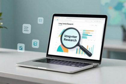 A laptop on a desk displays charts and graphs labeled "Long-Notes Research." A magnifying glass highlights text. Icons float nearby.