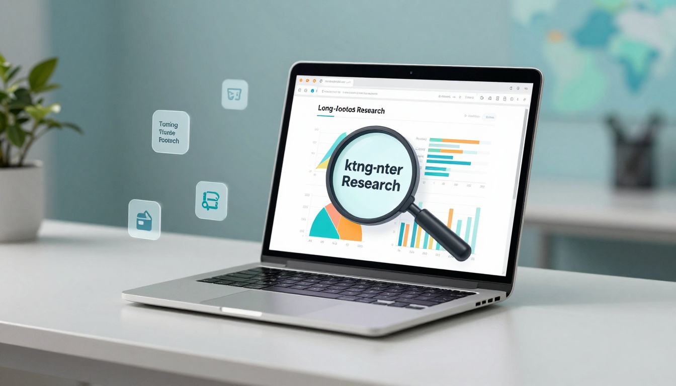 A laptop on a desk displays charts and graphs labeled "Long-Notes Research." A magnifying glass highlights text. Icons float nearby.