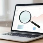 A laptop on a desk displays a graph with an upward trend on its screen. A large magnifying glass is overlaid on the graph.