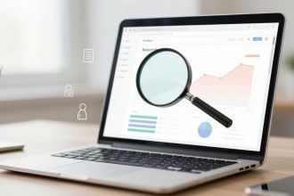 A laptop on a desk displays a graph with an upward trend on its screen. A large magnifying glass is overlaid on the graph.