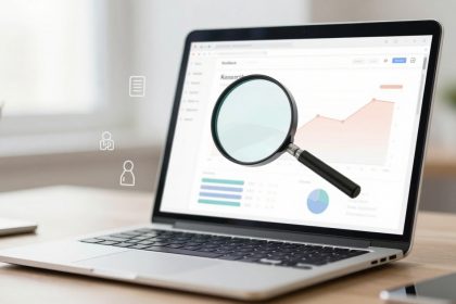 A laptop on a desk displays a graph with an upward trend on its screen. A large magnifying glass is overlaid on the graph.