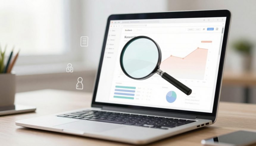 A laptop on a desk displays a graph with an upward trend on its screen. A large magnifying glass is overlaid on the graph.