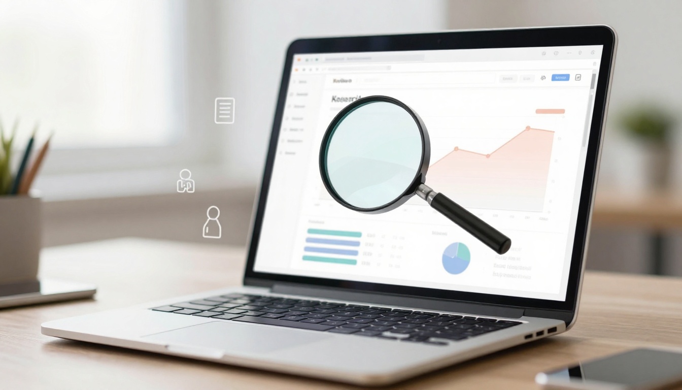A laptop on a desk displays a graph with an upward trend on its screen. A large magnifying glass is overlaid on the graph.