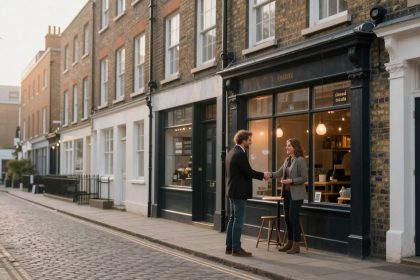 A man and woman shake hands outside a café on a cobblestone street. The café has large windows, warm lighting, and a black exterior.