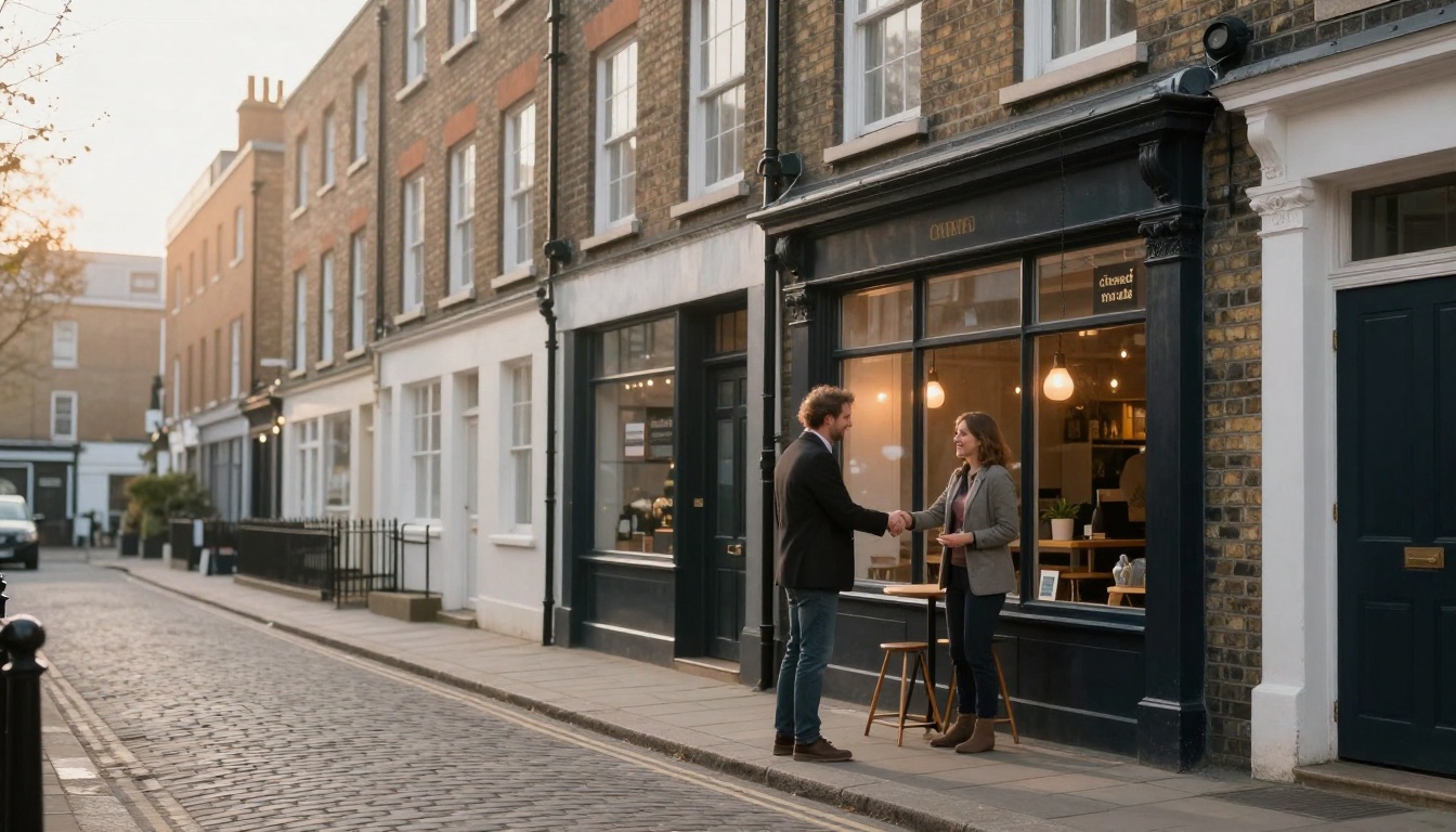 A man and woman shake hands outside a café on a cobblestone street. The café has large windows, warm lighting, and a black exterior.