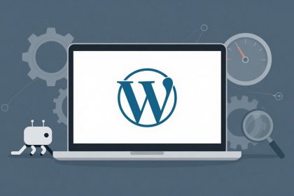 A laptop displaying the WordPress logo on its screen. Background includes gray gears, a speedometer, a magnifying glass, and a small robot.