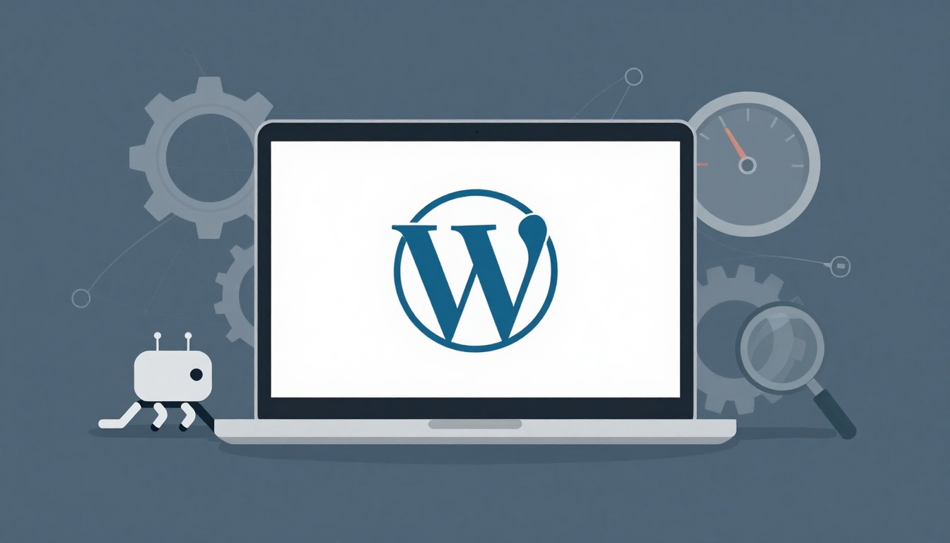 A laptop displaying the WordPress logo on its screen. Background includes gray gears, a speedometer, a magnifying glass, and a small robot.