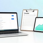 A laptop displaying a Google search page, a clipboard with a checklist titled "Gooler," and a tablet showing an upward-trending graph, set against a light blue background with gear icons.