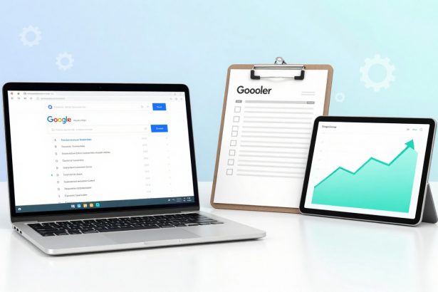 A laptop displaying a Google search page, a clipboard with a checklist titled "Gooler," and a tablet showing an upward-trending graph, set against a light blue background with gear icons.