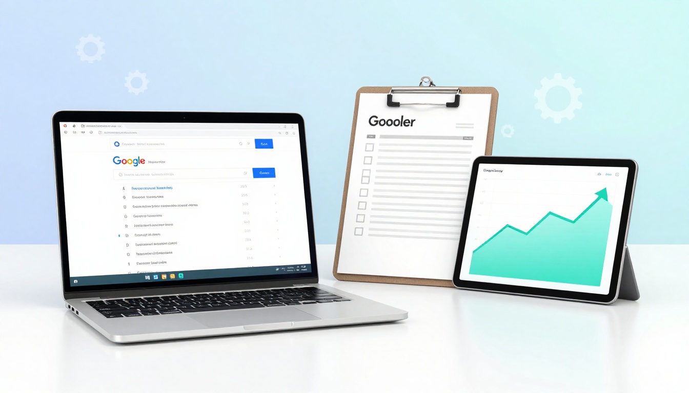 A laptop displaying a Google search page, a clipboard with a checklist titled "Gooler," and a tablet showing an upward-trending graph, set against a light blue background with gear icons.
