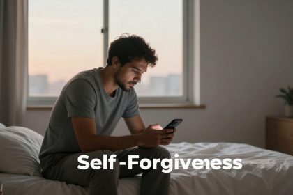 A man sits on a bed in a dimly lit room, looking at his phone. A window with soft daylight is in the background. The words "Self-Forgiveness" are overlaid on the image.