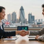 Two professionals in business attire shake hands across a table with a laptop displaying graphs. A British flag and city skyline are visible through the window.