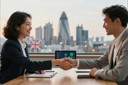 Two professionals in business attire shake hands across a table with a laptop displaying graphs. A British flag and city skyline are visible through the window.