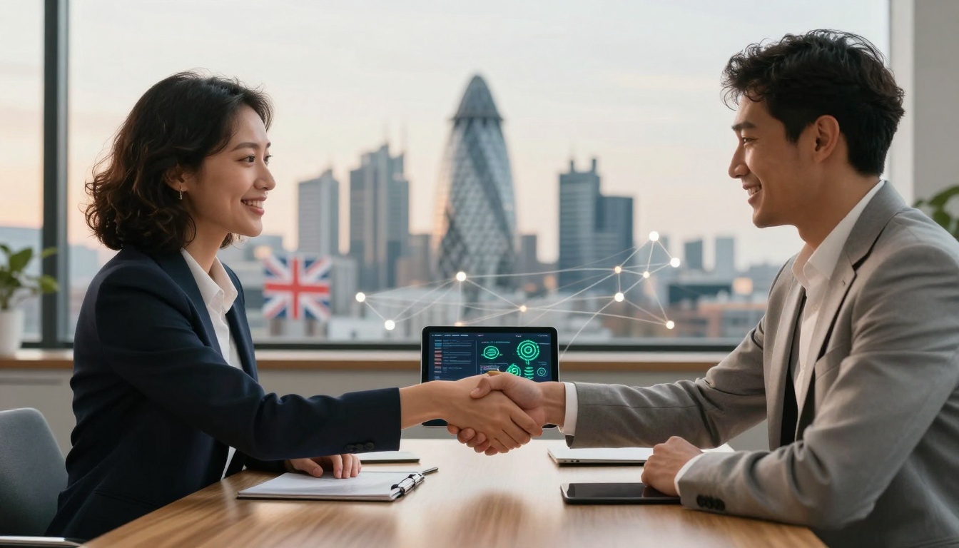 Two professionals in business attire shake hands across a table with a laptop displaying graphs. A British flag and city skyline are visible through the window.