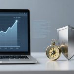 A laptop displaying a rising line graph sits on a white desk. Next to it are a gold compass and a silver shield, symbolizing direction and security.