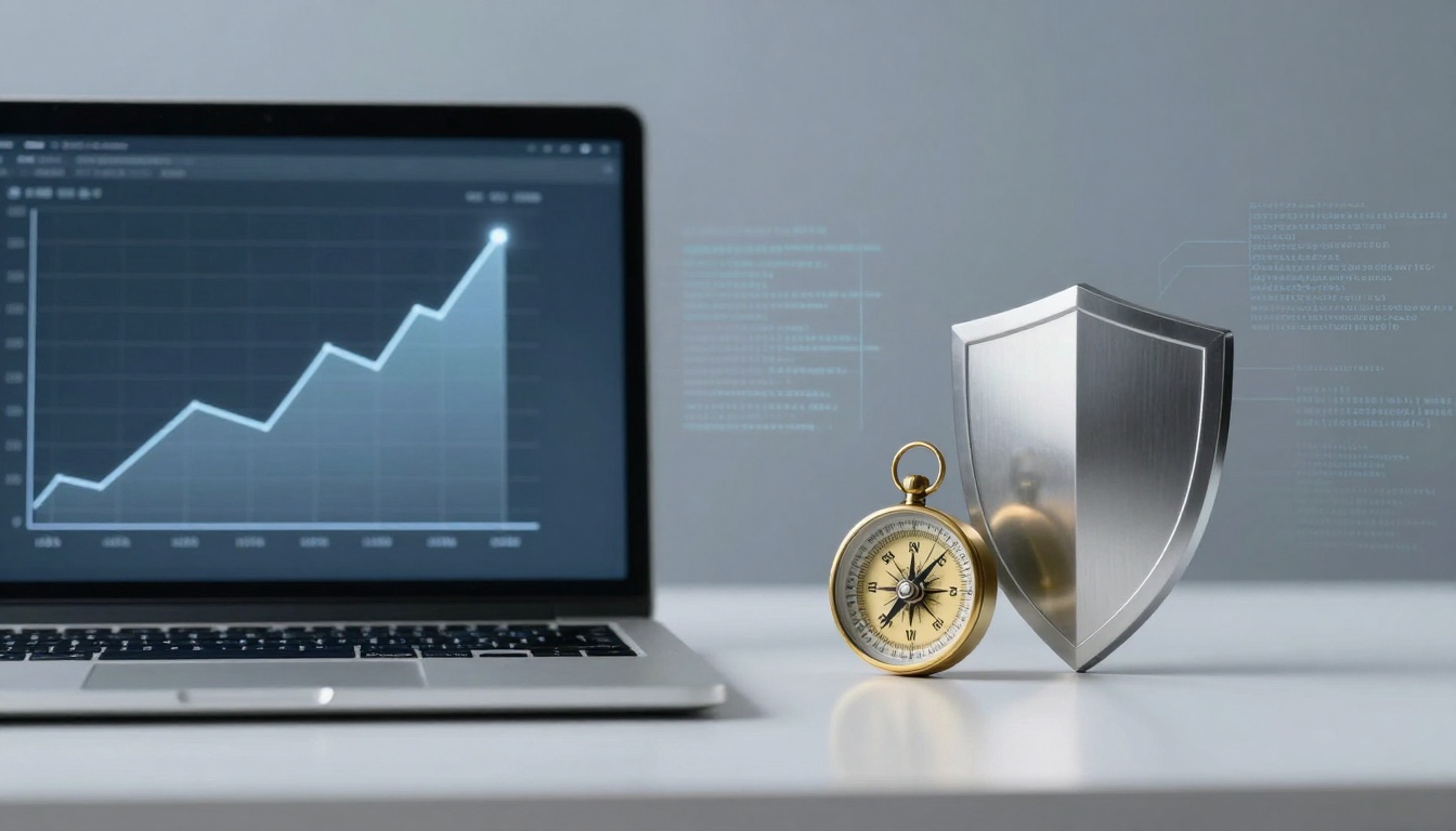 A laptop displaying a rising line graph sits on a white desk. Next to it are a gold compass and a silver shield, symbolizing direction and security.