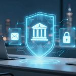 A digital hologram of a shield with icons of a building, envelope, and lock hovers above a desk with two laptops in an office setting.