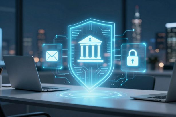 A digital hologram of a shield with icons of a building, envelope, and lock hovers above a desk with two laptops in an office setting.