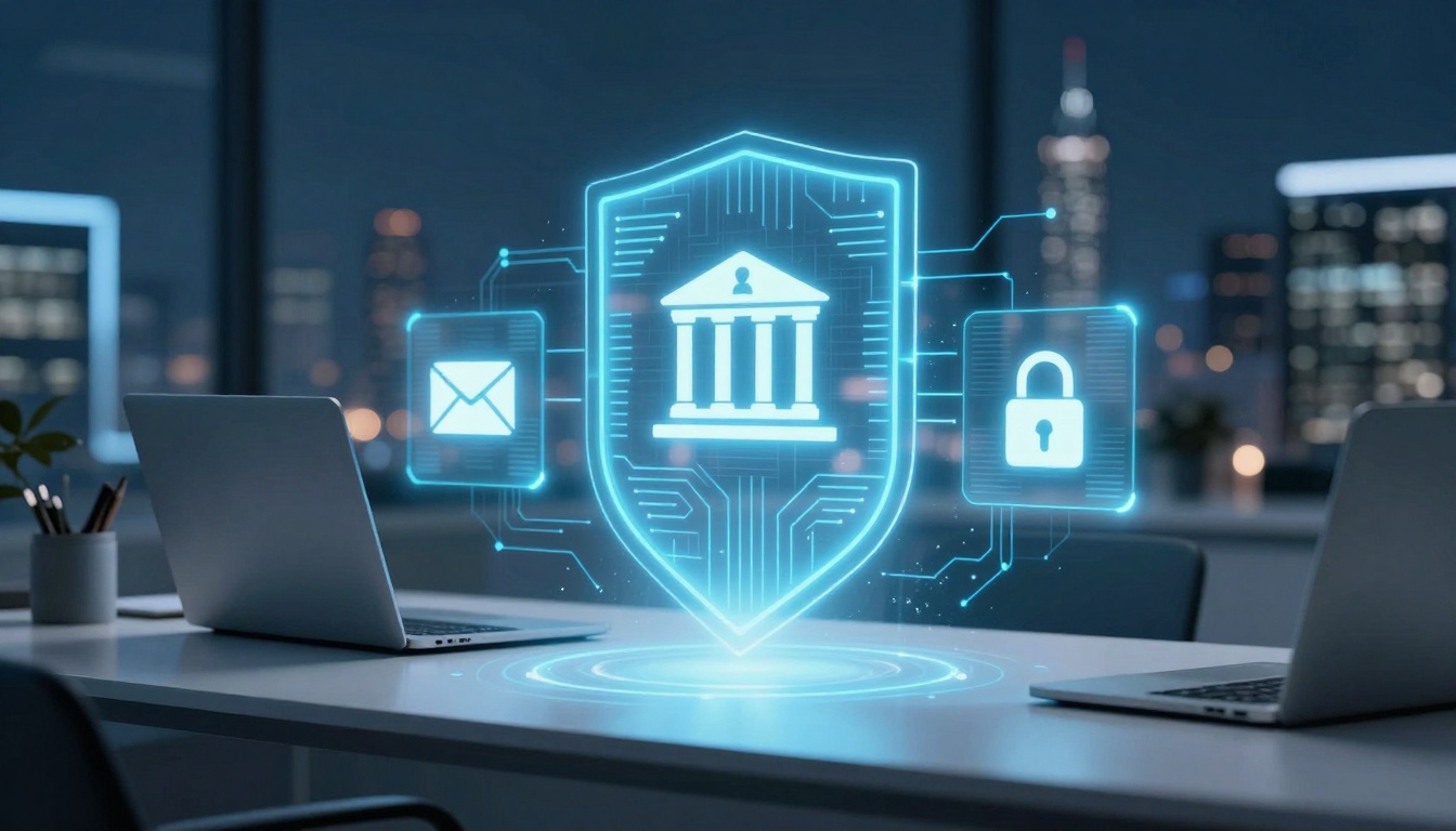 A digital hologram of a shield with icons of a building, envelope, and lock hovers above a desk with two laptops in an office setting.
