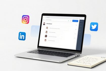 A laptop displaying a social media management dashboard with profile images and text. Icons for Instagram, LinkedIn, and Twitter float nearby. A notepad with handwritten notes sits beside the laptop.