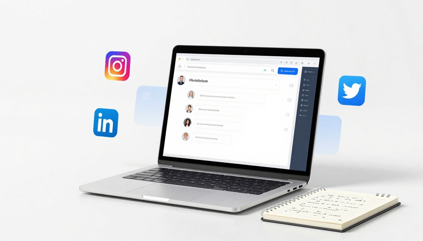 A laptop displaying a social media management dashboard with profile images and text. Icons for Instagram, LinkedIn, and Twitter float nearby. A notepad with handwritten notes sits beside the laptop.