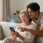 An elderly woman and a younger man sit on a beige sofa, looking at a smartphone. The man points at the screen, and a digital security icon is overlaid. The room has soft lighting and neutral decor.