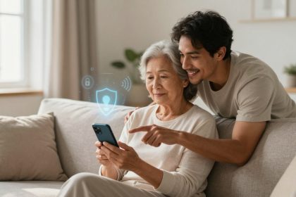 An elderly woman and a younger man sit on a beige sofa, looking at a smartphone. The man points at the screen, and a digital security icon is overlaid. The room has soft lighting and neutral decor.