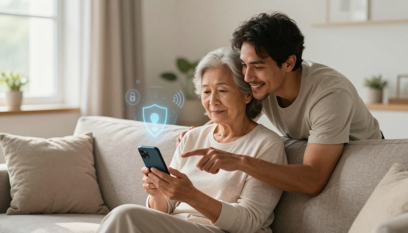 An elderly woman and a younger man sit on a beige sofa, looking at a smartphone. The man points at the screen, and a digital security icon is overlaid. The room has soft lighting and neutral decor.