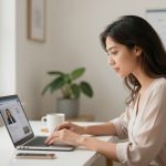 A woman in a beige blouse is working on a laptop at a desk. A coffee cup, smartphone, and potted plants are on the desk. A calendar hangs on the wall.