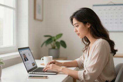 A woman in a beige blouse is working on a laptop at a desk. A coffee cup, smartphone, and potted plants are on the desk. A calendar hangs on the wall.