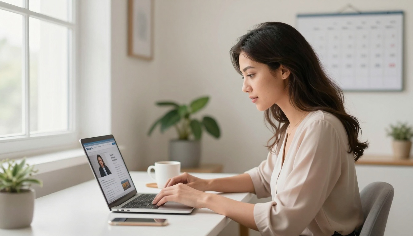 A woman in a beige blouse is working on a laptop at a desk. A coffee cup, smartphone, and potted plants are on the desk. A calendar hangs on the wall.