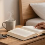 A hand turns the page of an open book on a wooden nightstand. A steaming mug and a smartphone are beside the book, with a bed in the background.